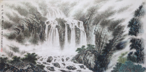 黄展时作品《云山飞瀑》  规格：133x67cm